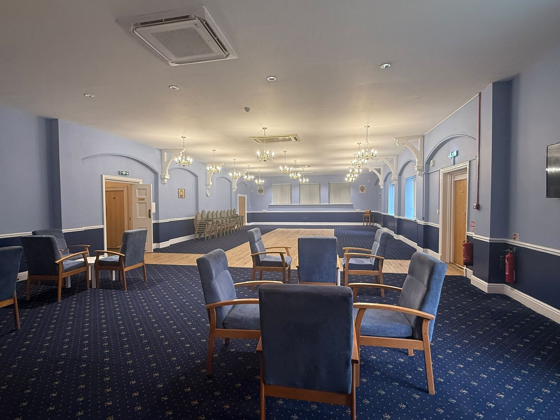 Main hall with chandeliers